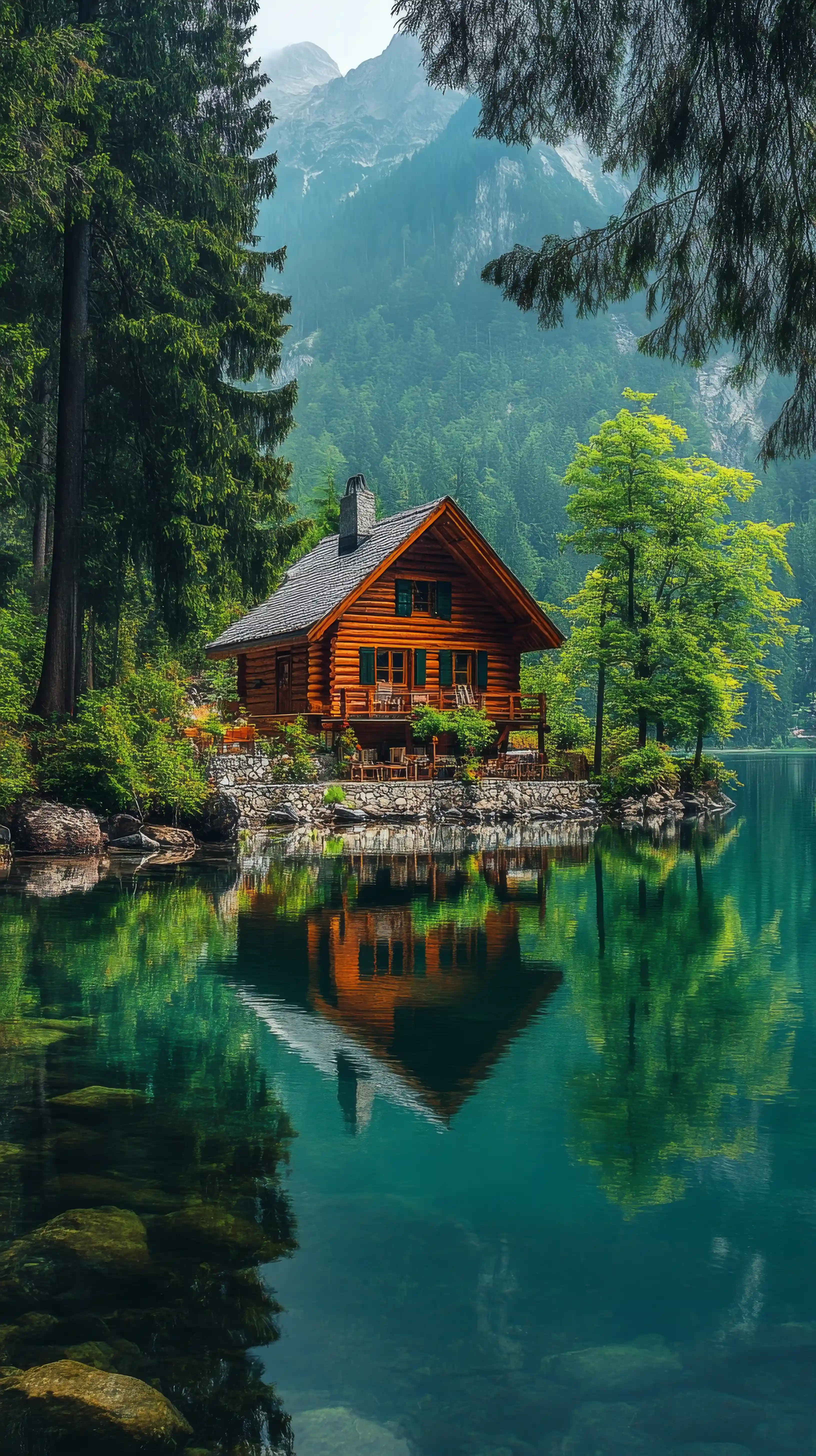 Cabin near a mountain lake